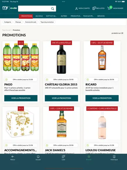 Fiches produits sur la plateforme e-commerce (jus de fruits, vins, spiritueux etc. à ajouter au panier)