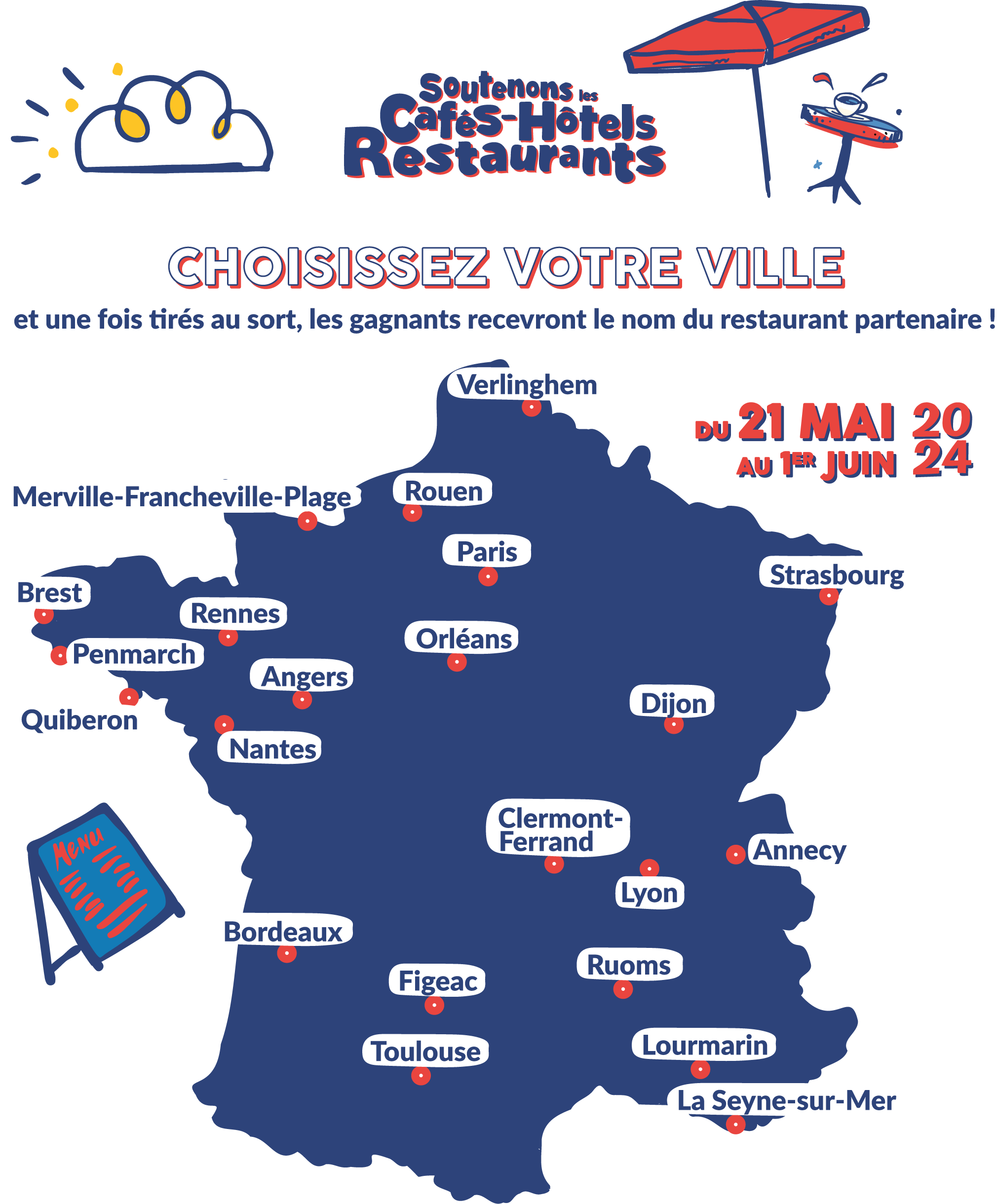 Soutenons les Cafés Hôtels et Restaurants le 22 mai 2024, carte de France avec une vingtaine de grandes villes